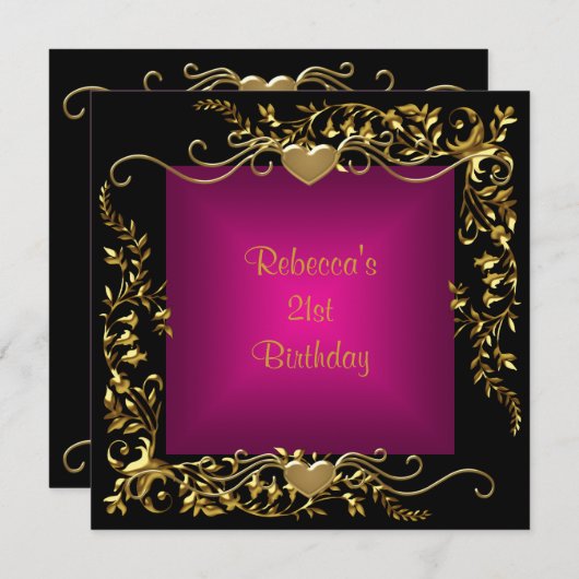 Invitation 21e fête d'anniversaire Black Bright Deep Pink Gol (Devant / Derrière)