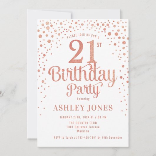 Invitation 21e fête d'anniversaire - Blanc & Rose Gold (Devant)