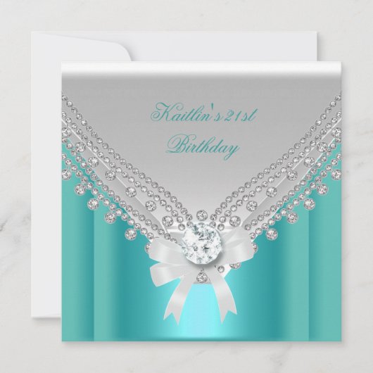 Invitation 21e fête d'anniversaire Blanc Turquoise Diamant bl (Devant)