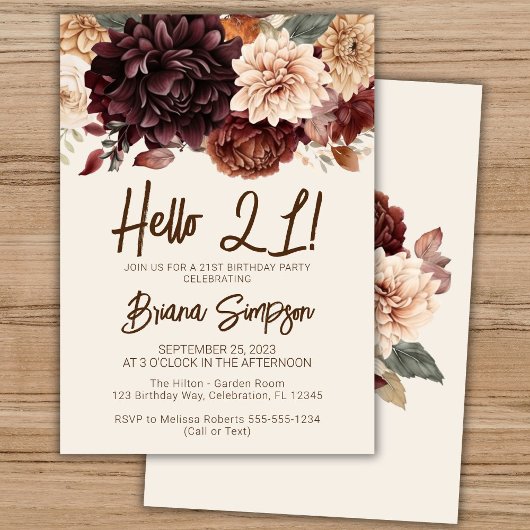 Invitation 21e fête d'anniversaire Brown Beige Ivory Floral