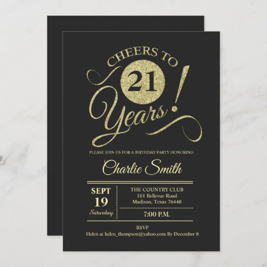 Invitation 21e fête d'anniversaire - Chalkboard Gold (Devant / Derrière)