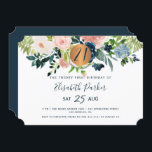 Invitation 21e fête d'anniversaire de la marine moderne flora<br><div class="desc">Blush rose, pêche, bleu pastel et bouquets de fleurs bohème marine et un cercle de parties scintillant en cuivre en or faux métallique faisant un glam moderne horizontale féminine jalon vingt et unième / tout âge anniversaire invitation avec un script de typographie chic et entièrement modifiable. Convient à tout thème...</div>