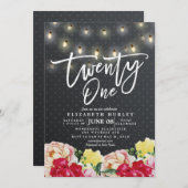 Invitation 21e fête d'anniversaire Fleurs modernes Lumières à (Devant / Derrière)