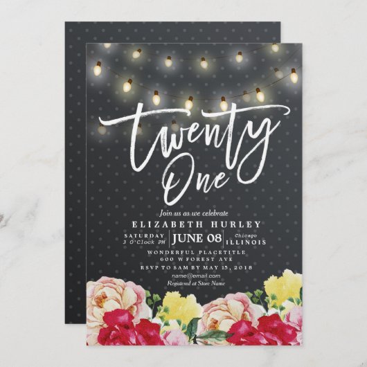 Invitation 21e fête d'anniversaire Fleurs modernes Lumières à (Devant / Derrière)
