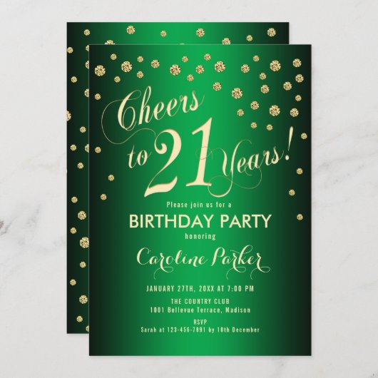 Invitation 21e fête d'anniversaire - Gold Green (Devant / Derrière)