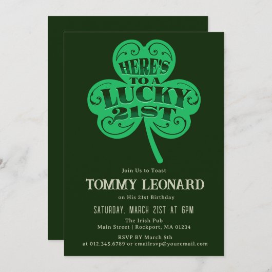Invitation 21e fête d'anniversaire Lucky Shamrock irlandais (Devant / Derrière)