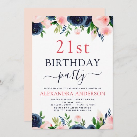 Invitation 21e fête d'anniversaire Marine Bleu Blush rose Flo (Devant / Derrière)