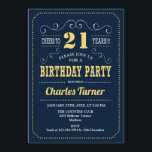Invitation 21e fête d'anniversaire - Marine Gold<br><div class="desc">Invitation de fête du 21e anniversaire. Elégant design rétro bleu marine,  or et blanc avec police de script. Salut à 21 ans ! Message-moi si vous avez besoin d'une personnalisation plus poussée.</div>