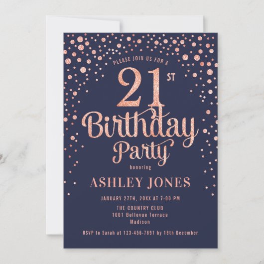 Invitation 21e fête d'anniversaire - Marine & Rose Gold (Devant)
