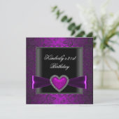 Invitation 21e fête d'anniversaire Noir Argent Purple Coeur G (Debout devant)