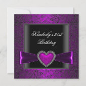 Invitation 21e fête d'anniversaire Noir Argent Purple Coeur G (Devant)