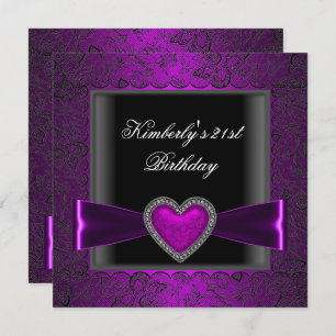 Invitation 21e fête d'anniversaire Noir Argent Purple Coeur G