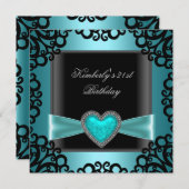 Invitation 21e fête d'anniversaire Noir Argent Turquoise Coeu (Devant / Derrière)