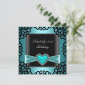 Invitation 21e fête d'anniversaire Noir Argent Turquoise Coeu (Debout devant)