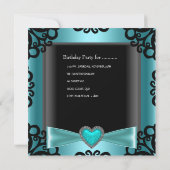 Invitation 21e fête d'anniversaire Noir Argent Turquoise Coeu (Dos)