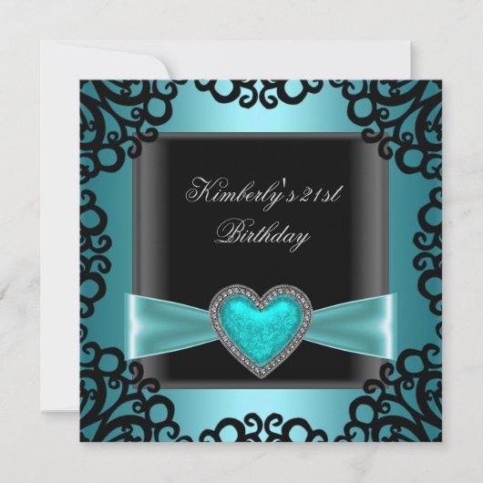 Invitation 21e fête d'anniversaire Noir Argent Turquoise Coeu (Devant)