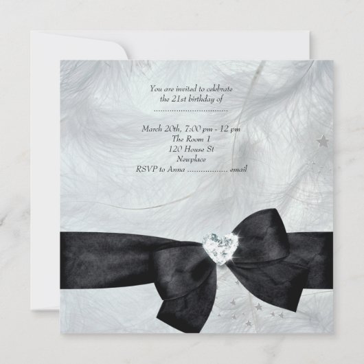 Invitation 21e fête d'anniversaire Noir Blanc (Dos)