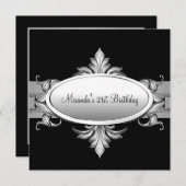 Invitation 21e fête d'anniversaire Noir Blanc Argent (Devant / Derrière)