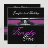 Invitation 21e fête d'anniversaire Noir violet rose argent (Devant / Derrière)