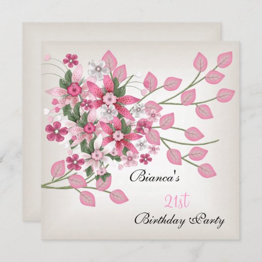 Invitation 21e fête d'anniversaire Plutôt rose Floral (Devant / Derrière)