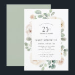 Invitation 21e fête d'anniversaire Rose blanche Floral<br><div class="desc">Honorer une femme spéciale avec cette élégante invitation de fête du 21e anniversaire. Des roses blanches nichées dans une sauge molle,  des feuilles d'eucalyptus verts forment un cadre botanique moderne. Tout le texte peut être édité,  vous pouvez ainsi décrire votre célébration spéciale parfaitement</div>