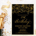 Invitation 21e fête d'anniversaire Rose d'or Floral Black<br><div class="desc">Les élégants roses en or à ligne ouverte créent la bordure supérieure parfaite. L'arrière - plan noir donne une ambiance dramatique et la calligraphie ajoute une touche luxueuse. Cette invitation fait partie de la Luxe Gold Rose Collection. Il contient des modèles pour la papeterie de suite d'anniversaire, des panneaux d'accueil...</div>