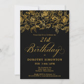 Invitation 21e fête d'anniversaire Rose d'or Floral Black (Devant)