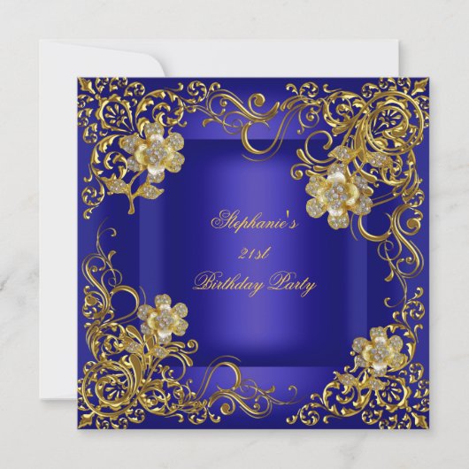 Invitation 21e fête d'anniversaire Royal Blue Gold Flower (Devant)