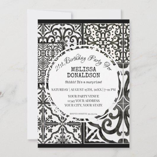 Invitation 21e fête d'anniversaire Rustic Farm Tile noir blan (Devant)