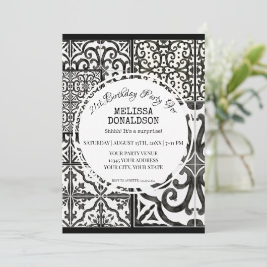 Invitation 21e fête d'anniversaire Rustic Farm Tile noir blan (Debout devant)
