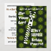Invitation 21e Fête d'anniversaire SURPRISE Zip Your Lip Star (Devant / Derrière)