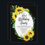 Invitation 21e fête d'anniversaire Tournesol | Floral d'Eucal<br><div class="desc">Fleurs ensoleillées élégantes et modernes,  cadre vert eucalyptus design "21st Birthday Party" sur un arrière - plan noir modifiable. Back présente un bouquet de tournesol coordonné également sur un arrière - plan noir modifiable.</div>