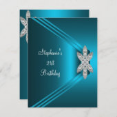 Invitation 21e fête d'anniversaire Turquoise Bleu Soie Diaman (Devant / Derrière)