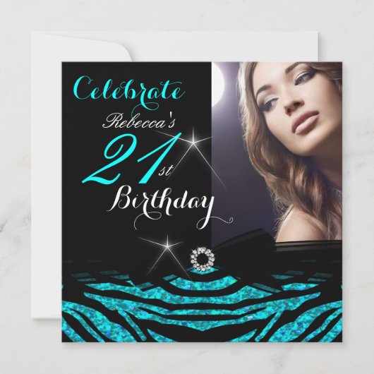 Invitation 21e fête d'anniversaire Turquoise Blue 21 Zebra Ph (Devant)