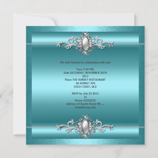 Invitation 21e fête d'anniversaire Turquoise Blue Silver Pear (Dos)