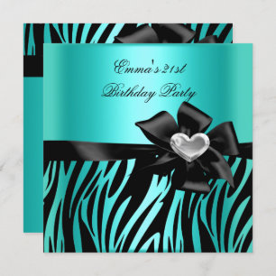 Invitation 21e fête d'anniversaire Zebra Argent Turquoise Ble