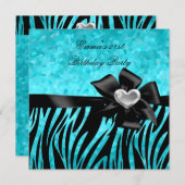 Invitation 21e fête d'anniversaire Zebra Argent Turquoise Ble (Devant / Derrière)
