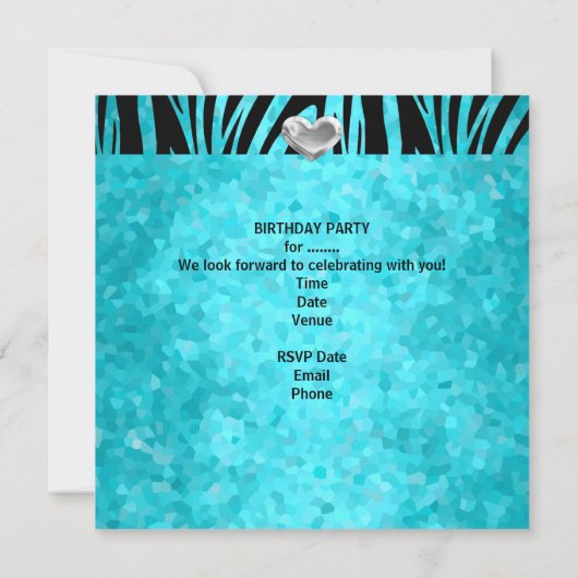 Invitation 21e fête d'anniversaire Zebra Argent Turquoise Ble (Dos)