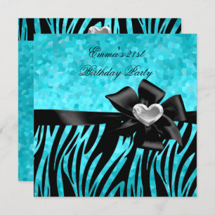 Invitation 21e fête d'anniversaire Zebra Argent Turquoise Ble