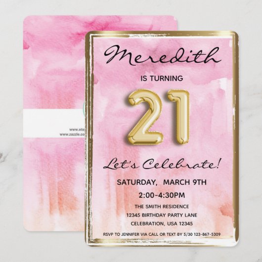 Invitation 21e Fille Anniversaire rose et or (Devant / Derrière)