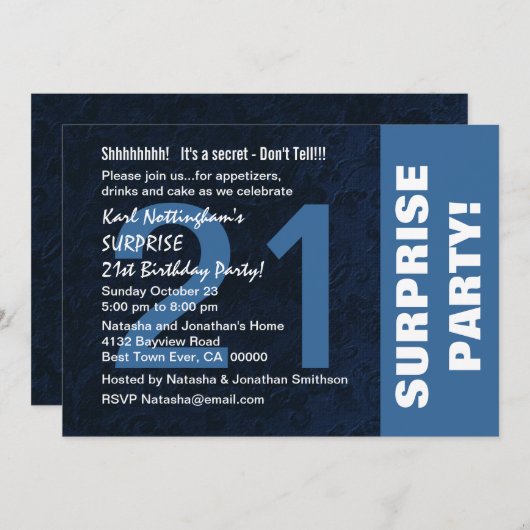 Invitation 21e SURPRISE Anniversaire Fête Moderne de minuit B (Devant / Derrière)