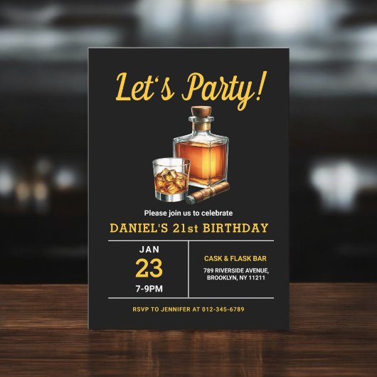 Invitation 21e Whiskey Cigar Bourbon fête d'anniversaire