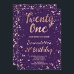 Invitation 21ème anniversaire d'or de confettis<br><div class="desc">Anniversaire d'or de Faux 21ème d'éclaboussures roses de confettis. Une 21ème invitation moderne de fête d'anniversaire avec l'invitation rose de feuille d'or de faux moderne, original et simple avec les confettis roses d'or éclabousse et typographie de brosse de style écrite par main sur un arrière - plan pourpre entièrement personnalisable...</div>