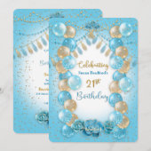 Invitation 21ème Anniversaire Pour Dames Blue Gold Balloons D (Devant / Derrière)