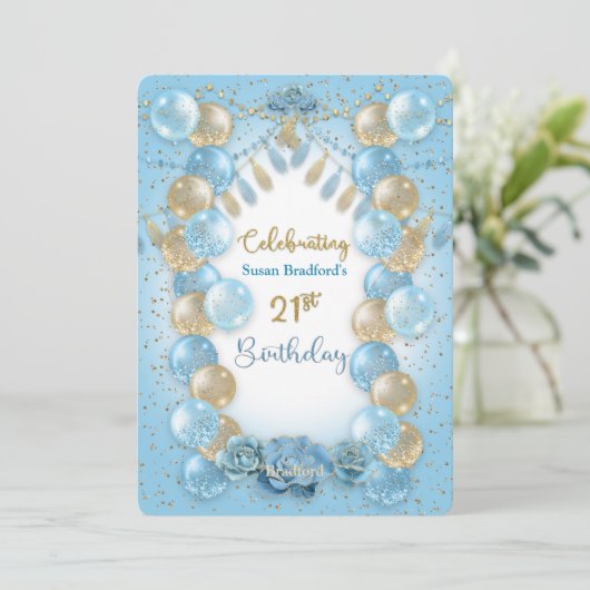 Invitation 21ème Anniversaire Pour Dames Blue Gold Balloons D (Debout devant)