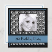 Invitation 21ème Bleu de damassé d'invitations de fête (Devant / Derrière)