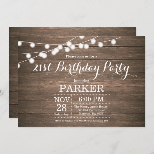 Invitation 21ème bois rustique d'invitation d'anniversaire (Devant / Derrière)