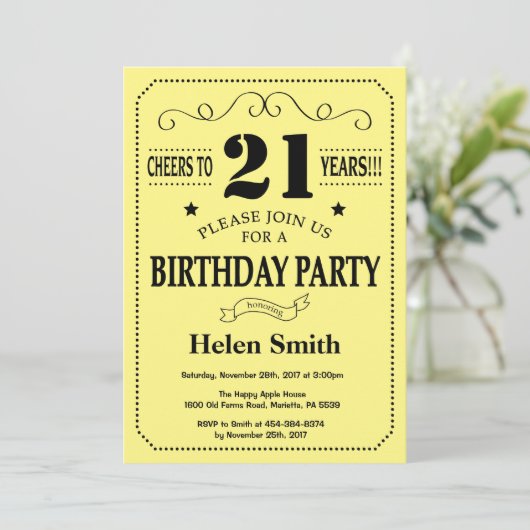 Invitation 21ème Noir et jaune d'invitation d'anniversaire (Debout devant)