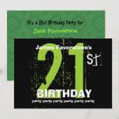 Invitation 21ème W1797 vert et noir de fête d'anniversaire (Devant / Derrière)