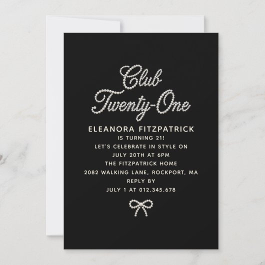 Invitation 21st Birthday Black White Pearl Script Bow (Devant)